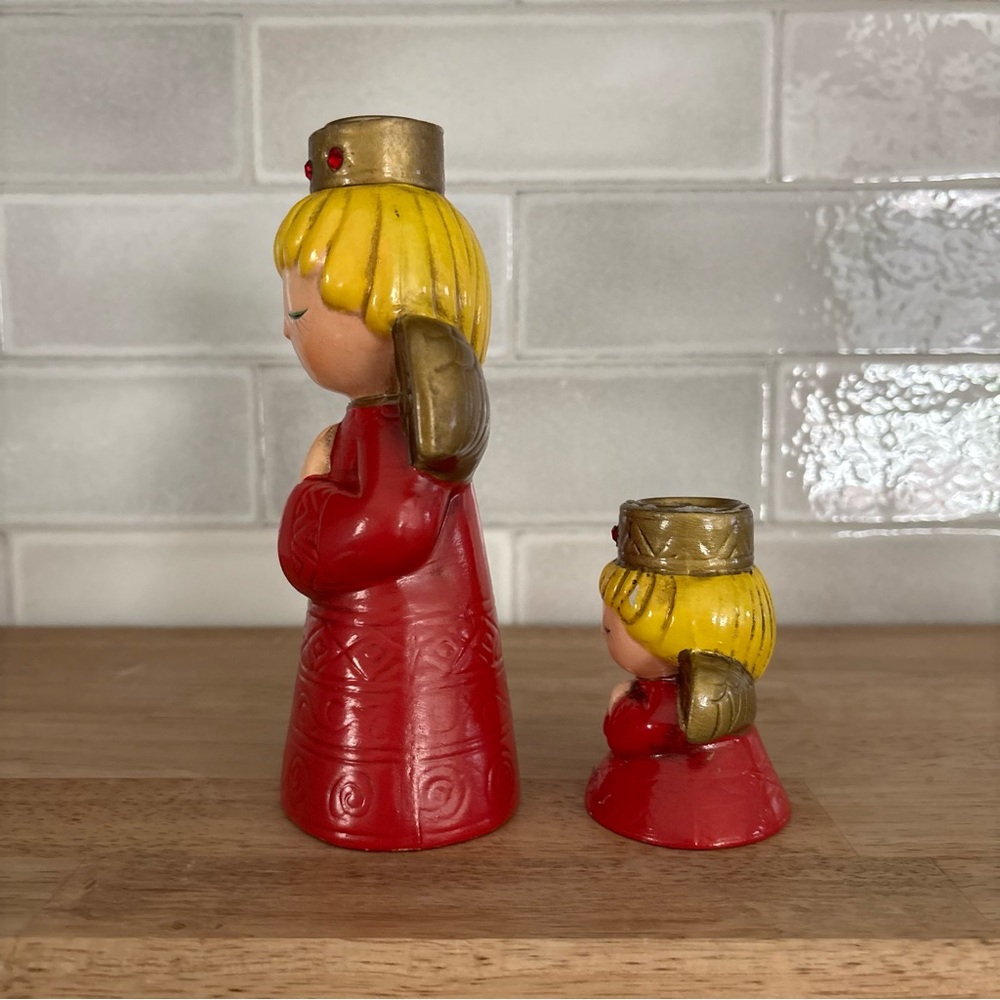 Vintage Set 2 Pair Ardco Japan Red Angel Candleholder Taper Candles Retro Deco - Picture 2 of 10
